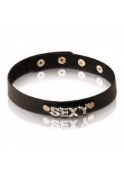 Collier cuir noir avec strass marqué Sexy