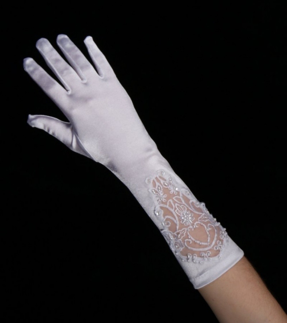 Gants satin brodé de perles blanc