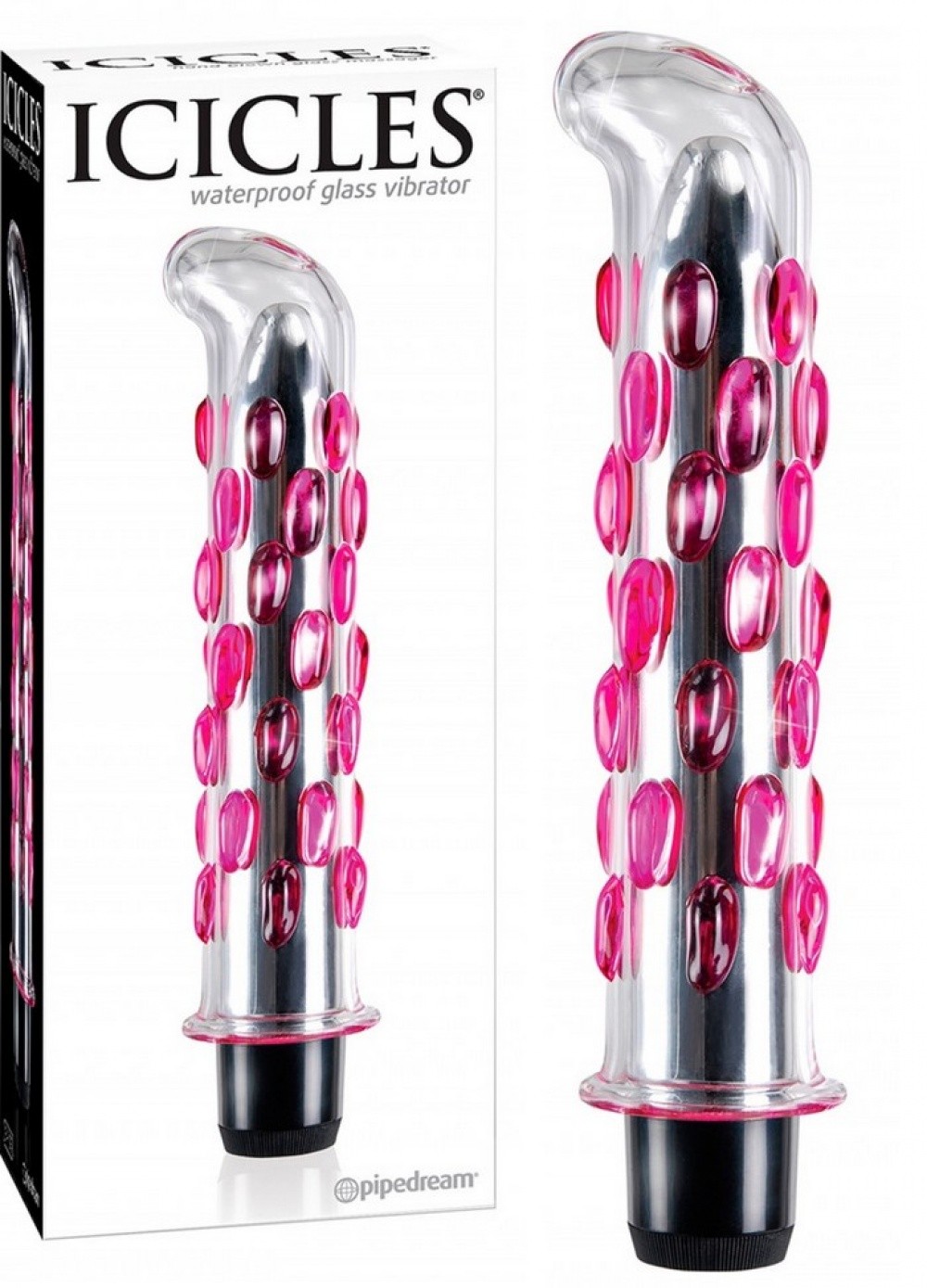 Vibromasseur gode en verre rose vibrant boite