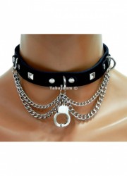 Collier cuir noir avec chainettes et menotte métal