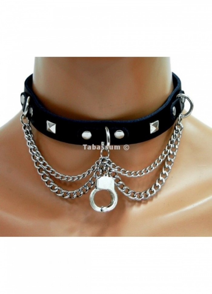 Collier cuir noir avec chainettes et menotte métal