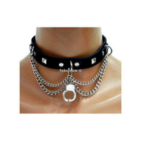 Collier cuir noir avec chainettes et menotte métal