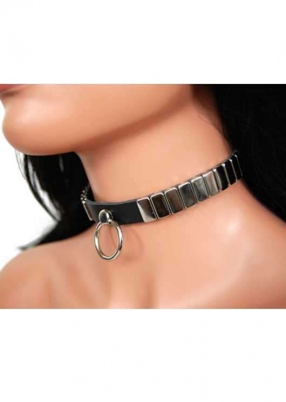 Collier 114-Cuir noir avec plaques métal & anneau