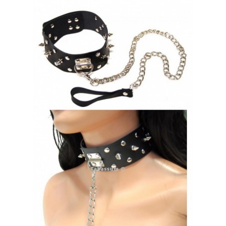 Collier 010-Cuir noir avec pics métal et laisse