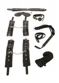 Kit bondage: Menottes-Baillon-Collier-Martinet noir