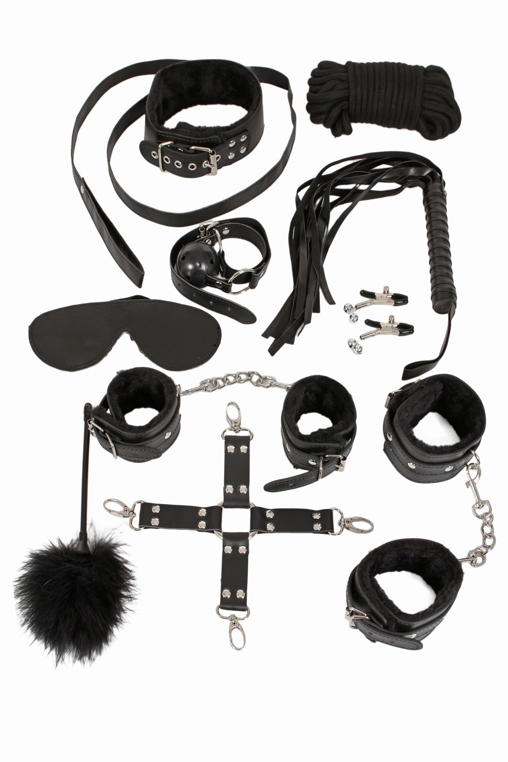 Kit SM: Menottes-Baillon-Collier-Martinet-Plumeau noir