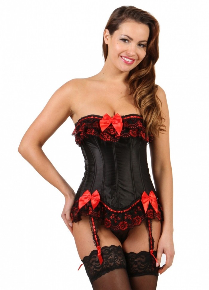 Corset sexy en satin noir et rouge, avec porte-jarretelle.