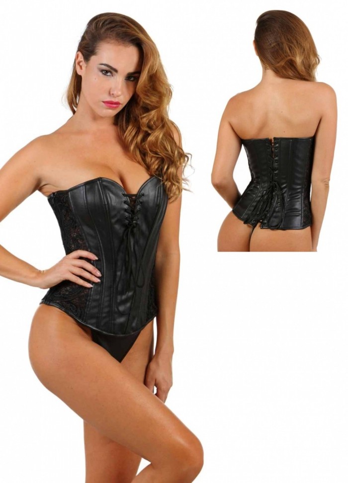 Bustier sexy aspect cuir et dentelle avec jarretelles amovibles