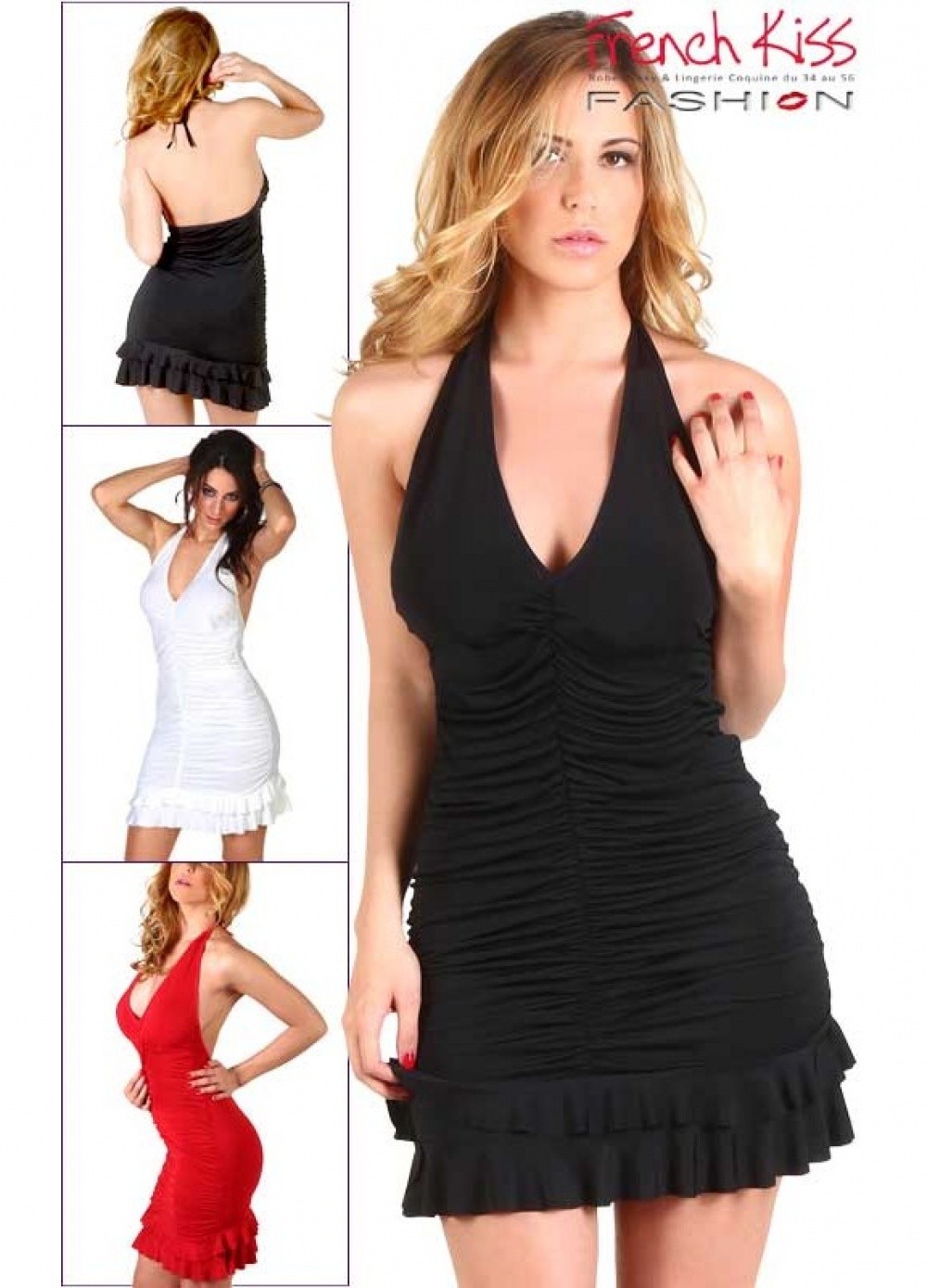 Robe courte sexy Tana Dos nu et fronces grande taille noir-rouge-blanc