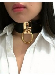 Collier ras de cou large en cuir noir avec anneau Or