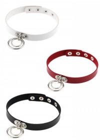 Collier ras de cou cuir 2 anneaux noir-rouge-blanc