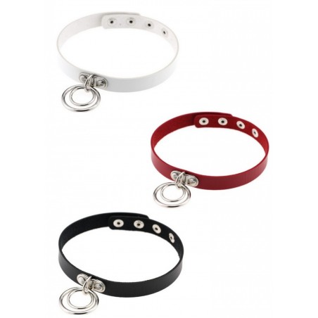 Collier ras de cou cuir 2 anneaux noir-rouge-blanc