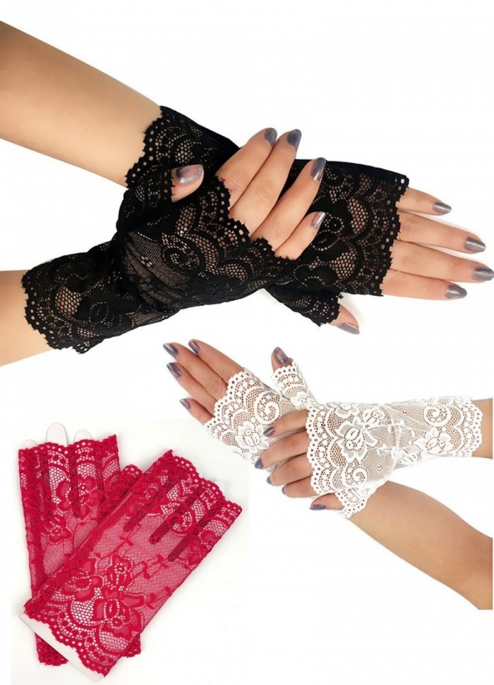 Gants courts mitaine en dentelle fleurie - noir-rouge-blanc