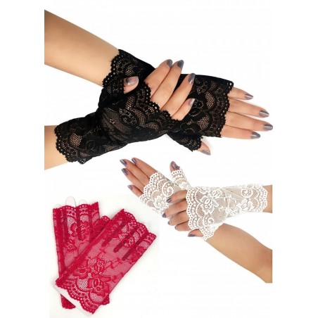 Gants courts mitaine en dentelle fleurie - noir-rouge-blanc