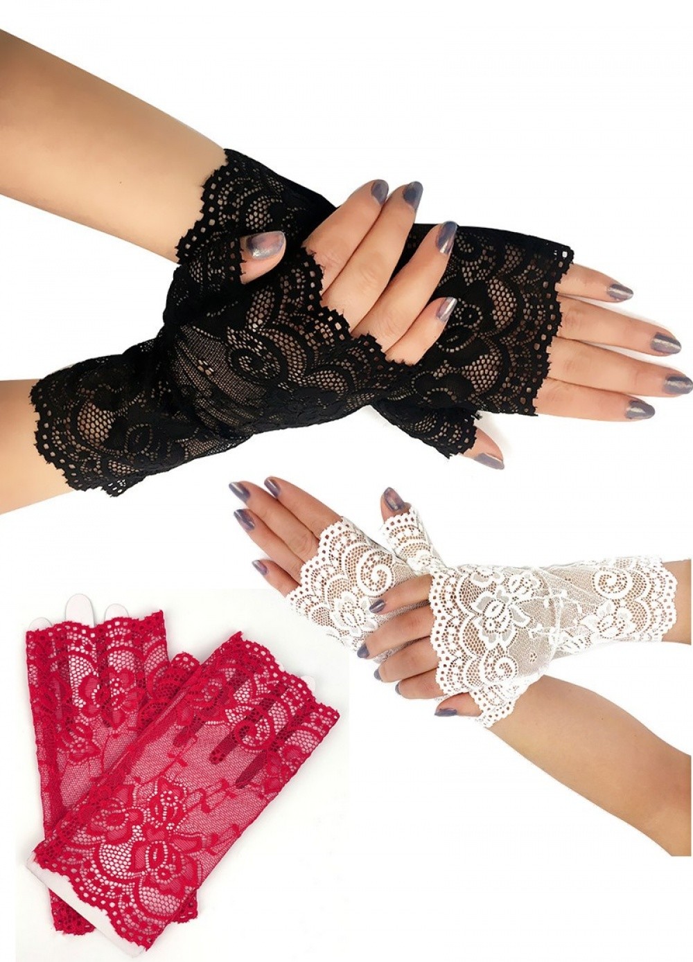 Gants courts mitaine en dentelle fleurie blanc