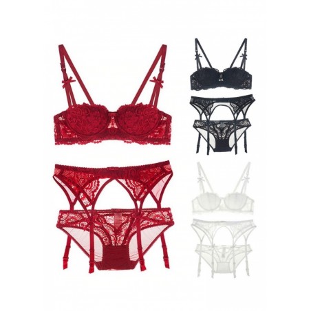 Ensemble lingerie dentelle 3 Pieces porte jarretelle slip soutien gorge Annabelle rouge