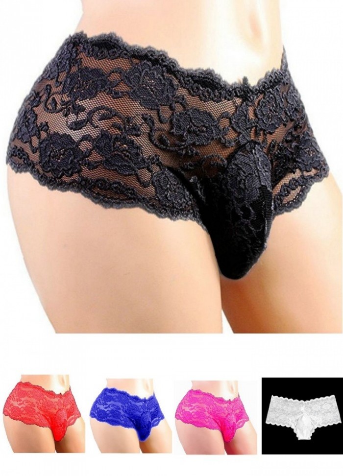 Shorty homme dentelle avec étui pénien dentelle Cuecas  noir, rose,bleu,blanc