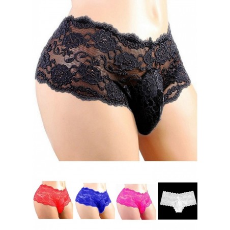 Shorty homme dentelle avec étui pénien dentelle Cuecas  noir, rose,bleu,blanc