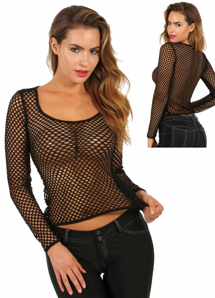 Top en résille sexy pour femme à manches longues.