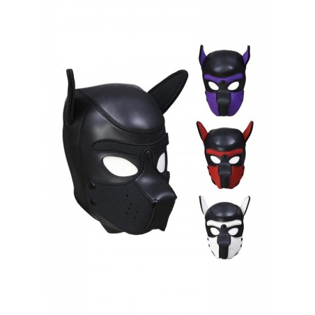 Cagoule masque chien caoutchouc et spandex noir noir-violet-rouge-blanc