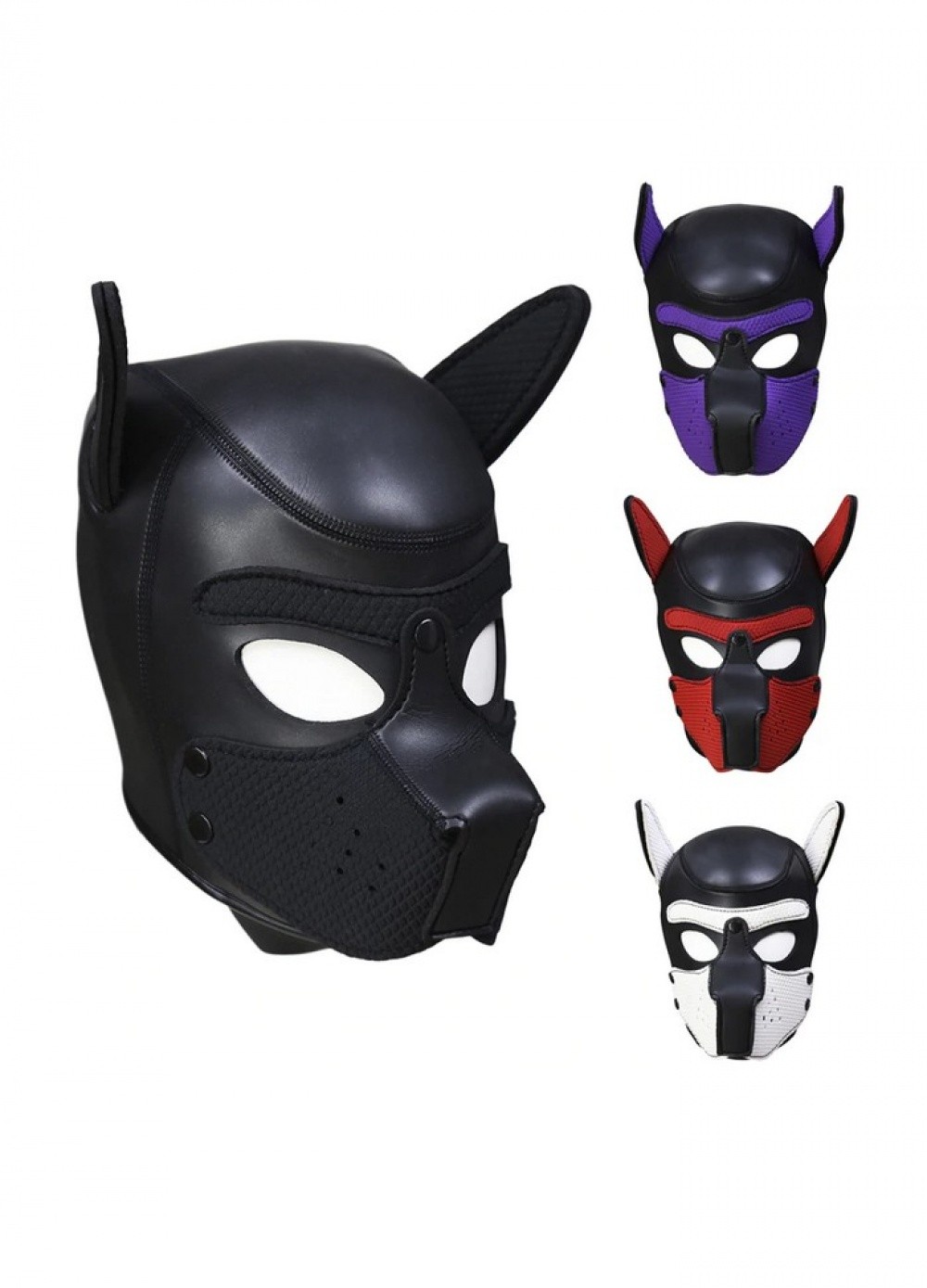 Cagoule masque chien caoutchouc et spandex noir noir-violet-rouge-blanc