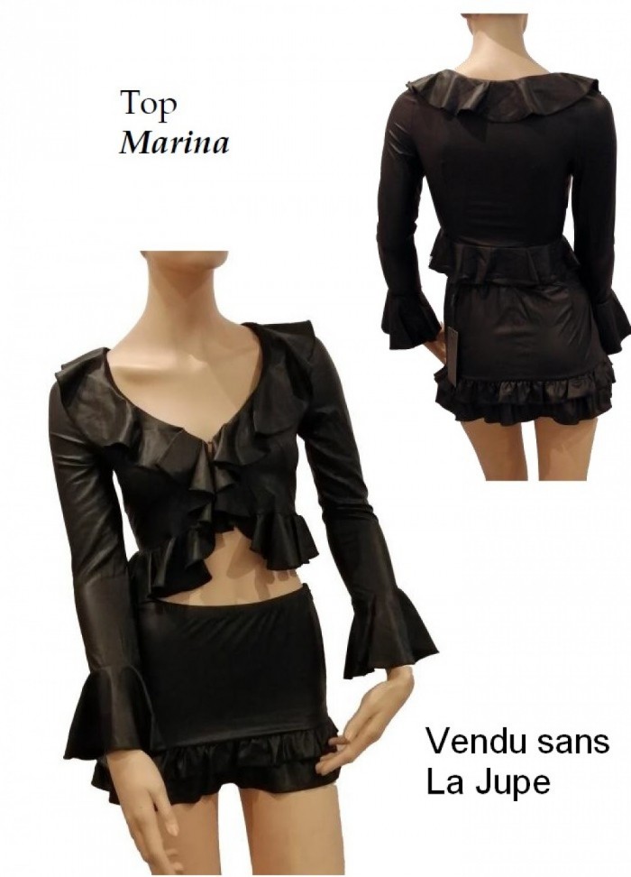 Veste courte volanté wetlook Marina noir