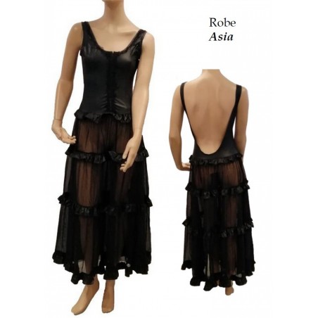 Robe longue Asia wetlook & tulle transparent noir