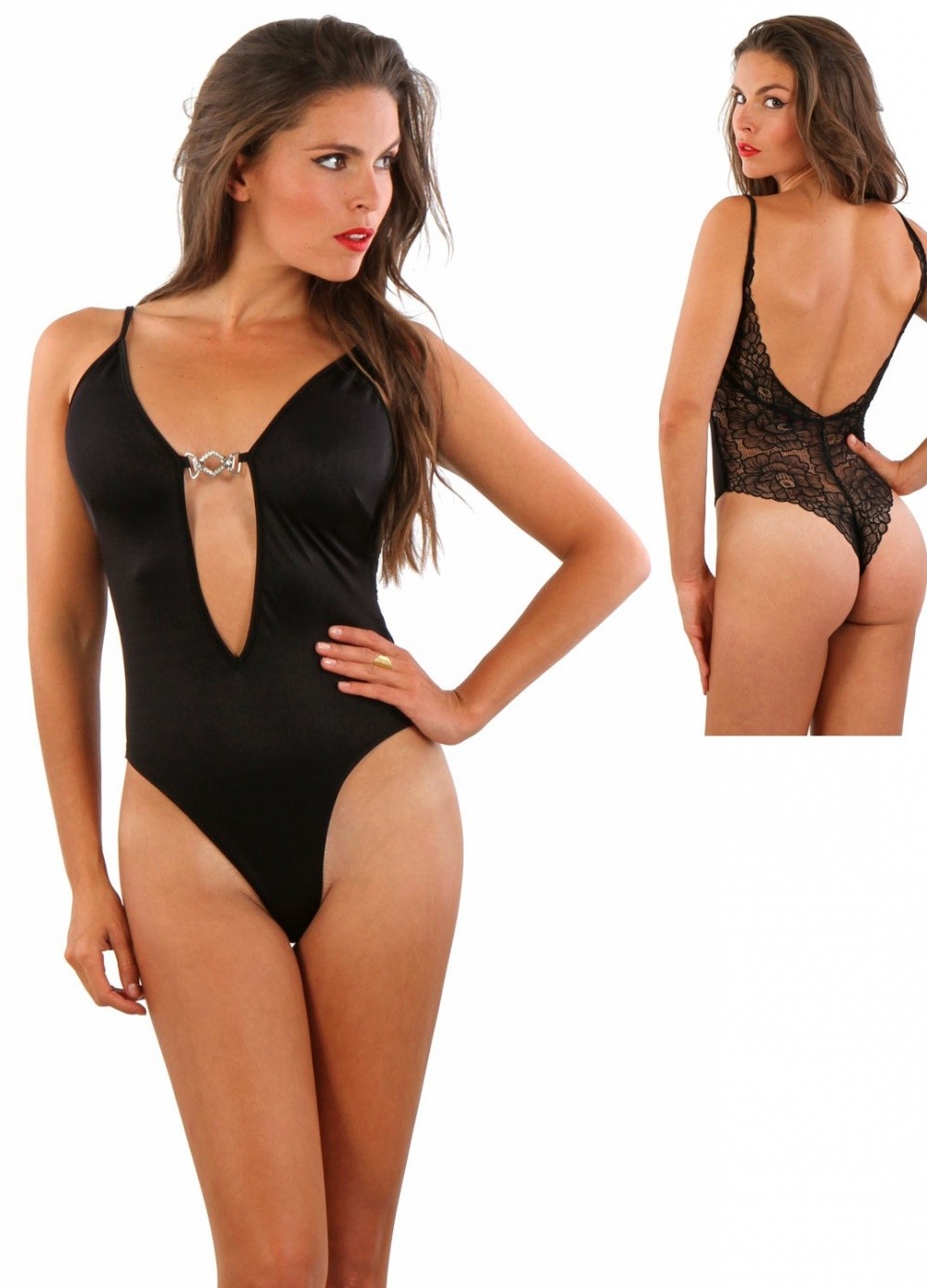 Body sexy en lycra noir opaque et dentelle transparente