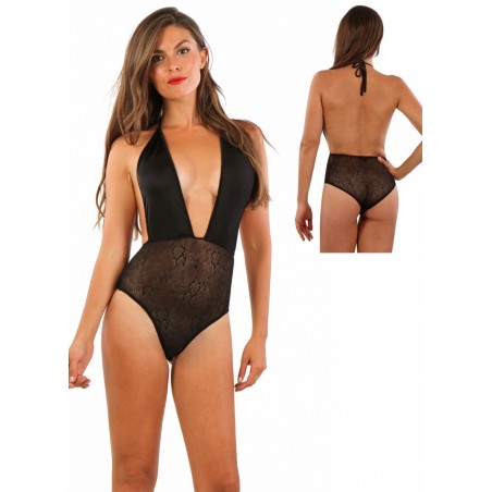 Body sexy en lycra et dentelle transparente pour femm