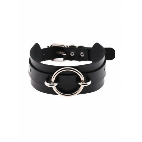 Collier large en cuir noir avec anneau acier