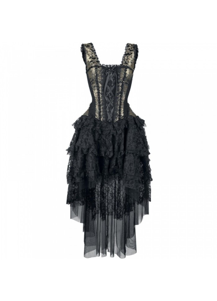 Burleska Ophélie Robe corset Brocard noir or et jupe dentelle noir