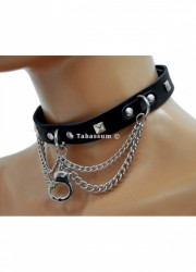 Collier 309-Cuir noir avec chainettes & menotte métal