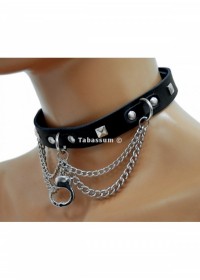 Collier 309-Cuir noir avec chainettes & menotte métal