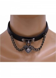 Collier 324-Cuir noir Pendentif Coeur et Chaînes