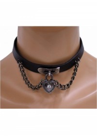 Collier 324-Cuir noir Pendentif Coeur et Chaînes