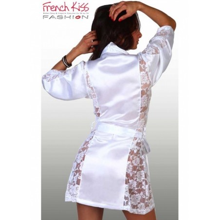 Déshabillé satin & dentelle florale grande taille 44/50 blanc dos