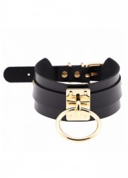 Collier large en cuir noir avec anneau Or