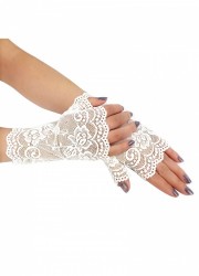 Gants courts mitaine en dentelle fleurie blanc