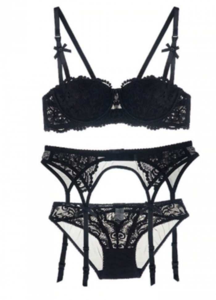 Ensemble lingerie dentelle porte jarretelle slip soutien gorge Annabelle noir pas cher