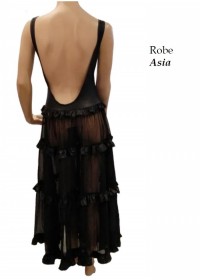 Robe longue Asia wetlook & tulle transparent noir dos