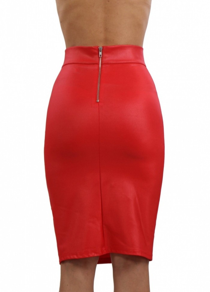 Spazm19728-Jupe mi-longue fendue Elana wetlook rouge