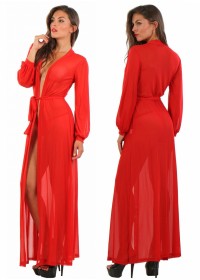 Déshabillé long avec manches Laure rouge
