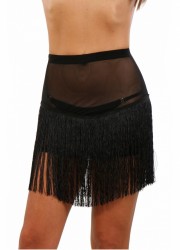 Mini jupe sexy en tulle transparent noir avec franges