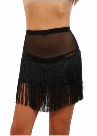 Mini jupe sexy en tulle transparent noir avec franges