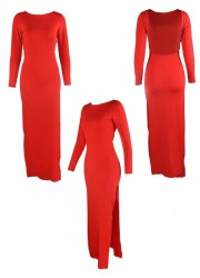 Robe longue fendue Nori manches longues et décolleté dos rouge