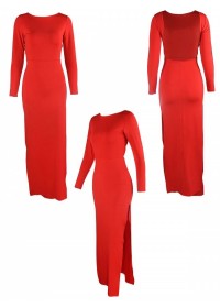 Robe longue fendue Nori manches longues et décolleté dos rouge