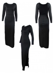 Robe longue fendue Nori manches longues et décolleté dos noir