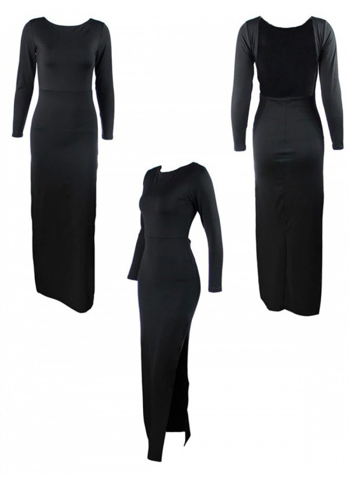 Robe longue fendue Nori manches longues et décolleté dos noir