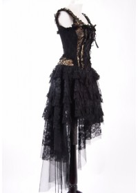 Robe corset taffetas or et dentelle noir détail profil