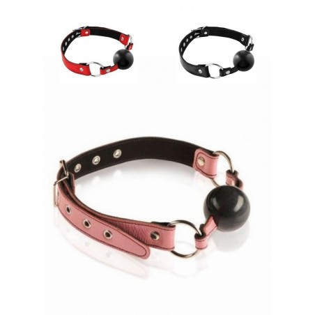 Baillon boule caoutchouc sangles cuir rose-rouge-noir